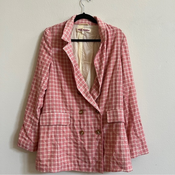 Free People Women Olivia Gingham Blazer Pink Preppy Vintage Inspired Girlcore - Picture 2 of 3